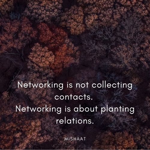 overhead image of treetops with autumn colors of orange and faded yellow on trees, a few scattered trees have lost leaves. Text over image reads, "Networking is not collecting contacts. Networking is about planting relations. Mishaat"