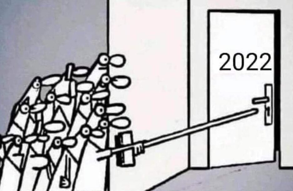 comic strip style panel drawing of a group of people hiding around the corner of a wall, using a long stick to poke open a door with 2022 written on it