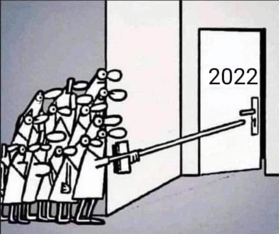 comic strip style panel drawing of a group of people hiding around the corner of a wall, using a long stick to poke open a door with 2022 written on it
